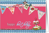 happy birthday, bunting & cupcakes, blue & magenta card