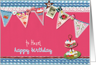 custom personalized birthday card, bunting & cupcakes, blue & magenta card