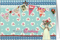 happy birthday card, bunting & roses, vintage girl & flowers card