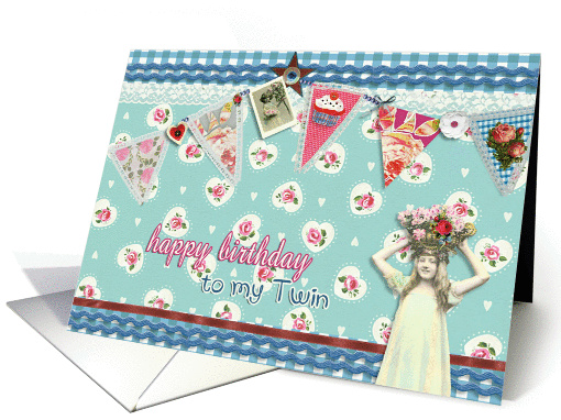 to my twin, birthday card, bunting & roses, vintage girl &... (925967)
