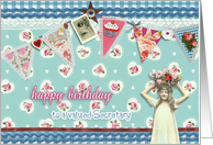 to my secretary, birthday card, bunting & roses, vintage girl card