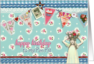 to my pen pal, birthday card, bunting & roses, vintage girl card