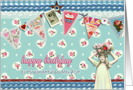 to my goddaughter, birthday card, bunting & roses, vintage girl card