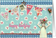 to a wonderful aunt, birthday card, bunting & roses, vintage girl card