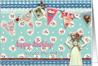 across the miles, birthday card, bunting & roses, vintage girl card