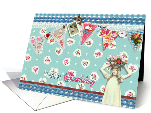 happy birthday card, bunting & roses, vintage girl,... (926663)