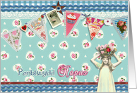 happy birthday in Welsh, bunting, cupcake, scrapbook style card