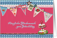 happy birthday in Swiss German, bunting, cupcake, scrapbook style card