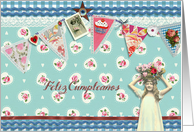 happy birthday in Spanish, bunting, cupcake, scrapbook style card