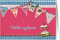 happy birthday in Slovak, bunting, cupcake, scrapbook style card