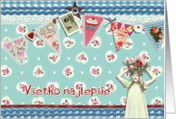 happy birthday in Slovak, bunting, cupcake, scrapbook style card