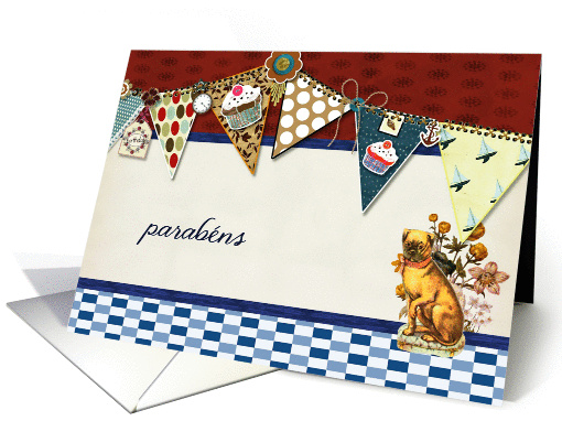 happy birthday in Portuguese, bunting, cupcake, scrapbook style card