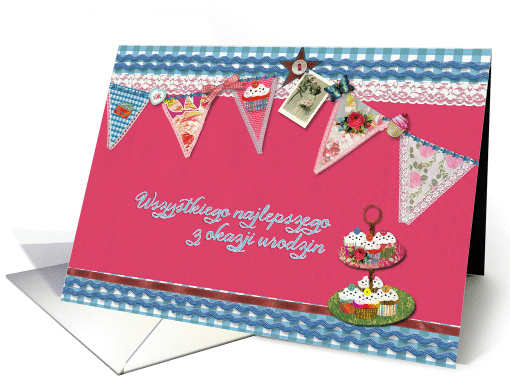 happy birthday in Polish, bunting, cupcake, scrapbook style card