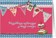 happy birthday in Polish, bunting, cupcake, scrapbook style card