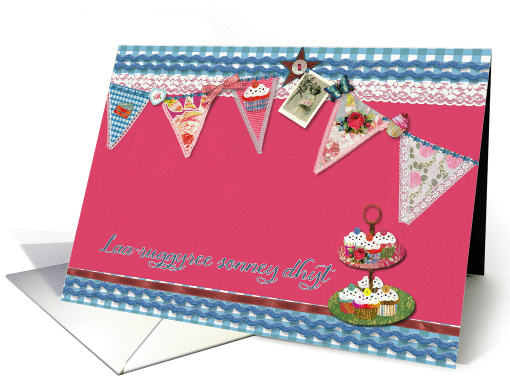 happy birthday in Manx, bunting, cupcake, scrapbook style card