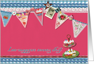 happy birthday in Manx, bunting, cupcake, scrapbook style card