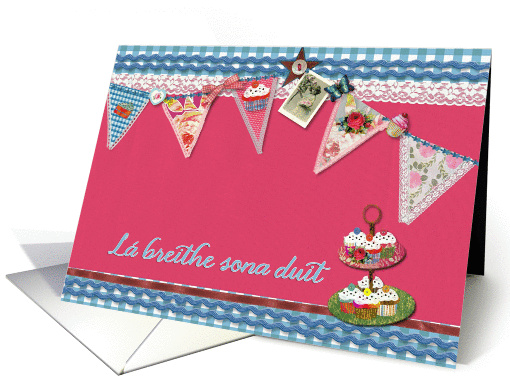 happy birthday in Irish Gaelic, bunting, cupcake, scrapbook style card