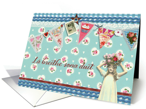 happy birthday in Irish Gaelic, bunting, cupcake, scrapbook style card