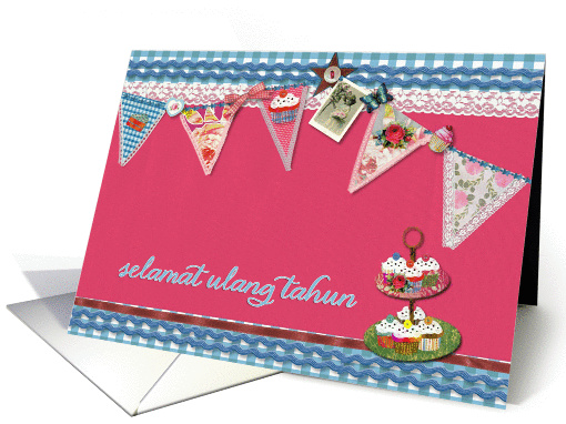 happy birthday in Indonesian, bunting, cupcake, scrapbook style card