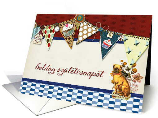 happy birthday in Hungarian, bunting, cupcake, scrapbook style card