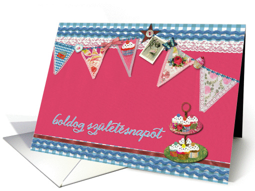 happy birthday in Hungarian, bunting, cupcake, scrapbook style card