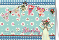 happy birthday in German, bunting, cupcake, scrapbook style card