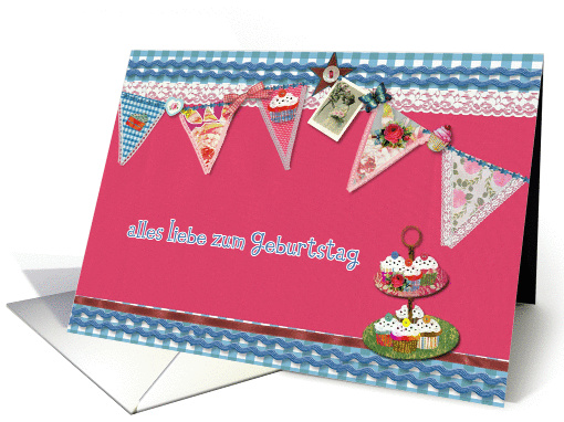 happy birthday in German, bunting, cupcake, scrapbook style card