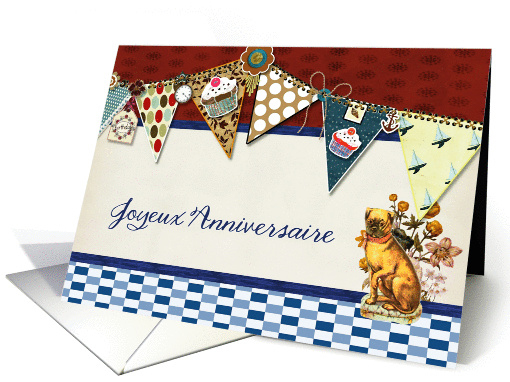 happy birthday in French, bunting, cupcake, scrapbook style card