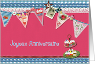 happy birthday in French, bunting, cupcake, scrapbook style card