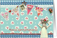 happy birthday in Finnish, bunting, cupcake, scrapbook style card