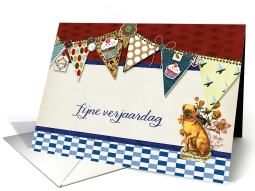 happy birthday in Dutch, bunting, cupcake, scrapbook style card