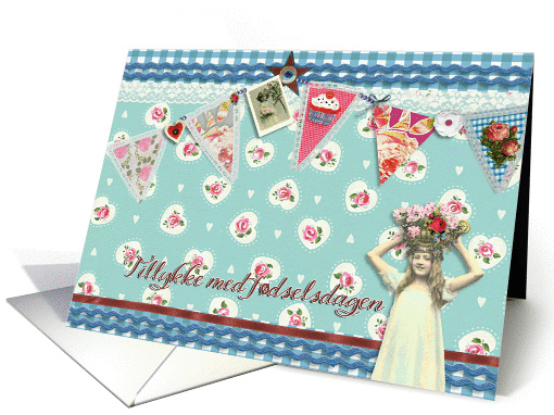 happy birthday in Danish, bunting, cupcake, scrapbook style card