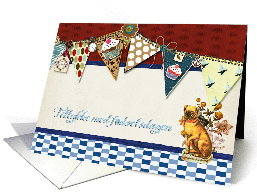 happy birthday in Danish, bunting, cupcake, scrapbook style card
