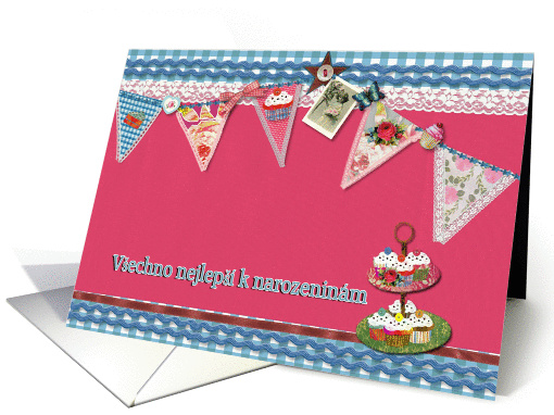 happy birthday in Czech, bunting, cupcake, scrapbook style card