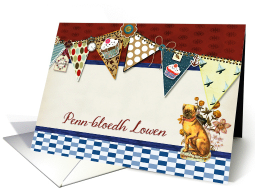 happy birthday in Cornish, bunting, cupcake, scrapbook style card