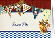 happy birthday in French (Canadian), bunting, cupcake, scrapbook style card