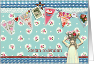 happy birthday in Croatian, bunting, cupcake, scrapbook style card