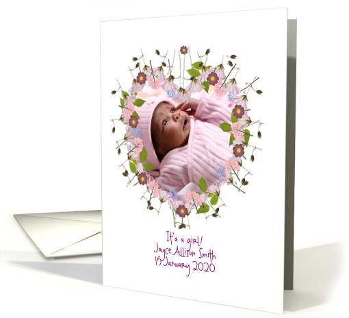 baby birth announcement, photo card, little flowers, heart card