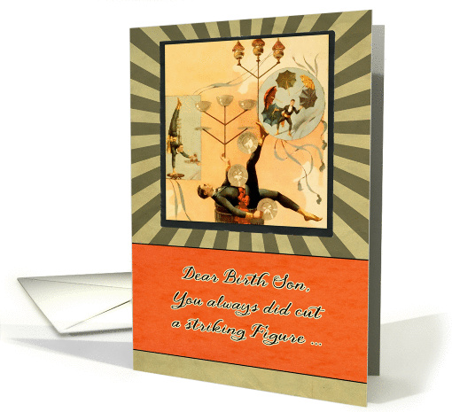 Dear Birth Son, funny happy father's day card, vintage acrobat card