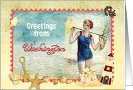 greetings from Washington, vintage bathing beauty, beach, shells card