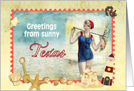 greetings from Texas, vintage bathing beauty, beach, shells card