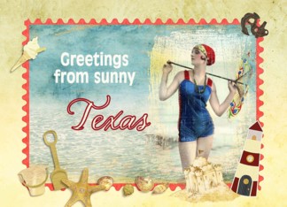 greetings from Texas, vintage bathing beauty, beach, shells