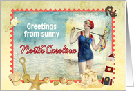 greetings from North Carolina, vintage bathing beauty, beach, shells card