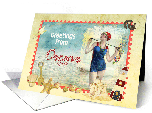 greetings from Oregon, vintage bathing beauty, beach, shells card