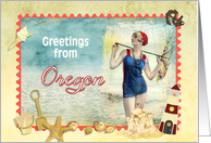 greetings from Oregon, vintage bathing beauty, beach, shells card