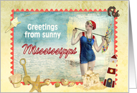 greetings from Mississippi, vintage bathing beauty, beach, shells card