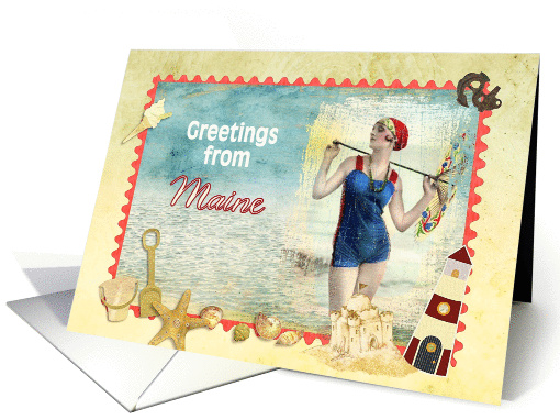 greetings from Maine, vintage bathing beauty, beach, shells card