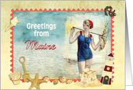 greetings from Maine, vintage bathing beauty, beach, shells card