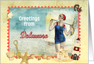 greetings from Delaware, vintage bathing beauty, beach, shells card