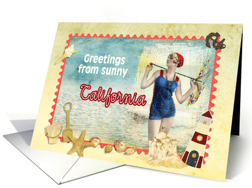 greetings from California, vintage bathing beauty, beach, shells card